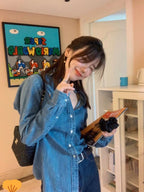 2024 Erkən Yaz Stilində Krystal Jung's American Retro Köhnə Pul Stilində Yuyulmuş Denim Pambıq Naxışlı İncə Köynək Gödəkçə