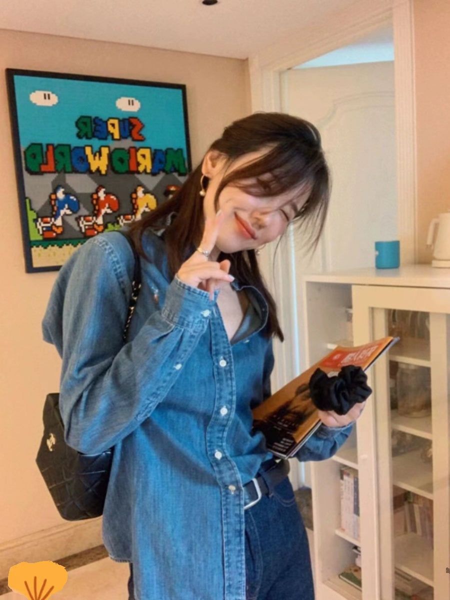 2024 Erkən Yaz Stilində Krystal Jung's American Retro Köhnə Pul Stilində Yuyulmuş Denim Pambıq Naxışlı İncə Köynək Gödəkçə