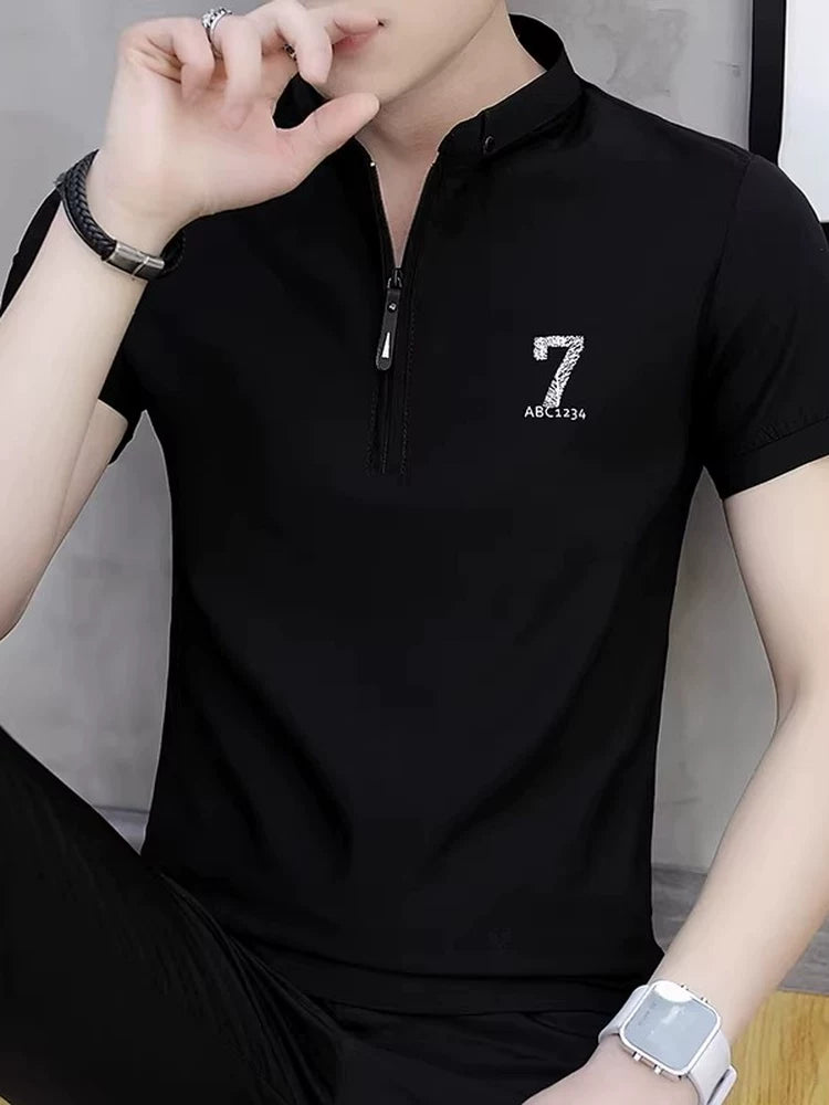 2026 Yay Qısaqol T-Shirt Kişi Polo Köynək Buz İpək Stend Yaxa Bərk Rəng Trendy Gündəlik Çox Yönlü Buz T-shirt