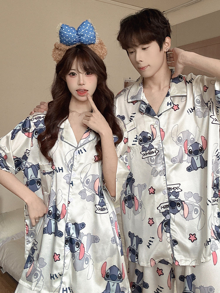 Cartoon Stitch cüt pijama qadınlar üçün yay nazik buz ipək qısaqol şort kişi yüksək səviyyəli ev geyimi dəsti