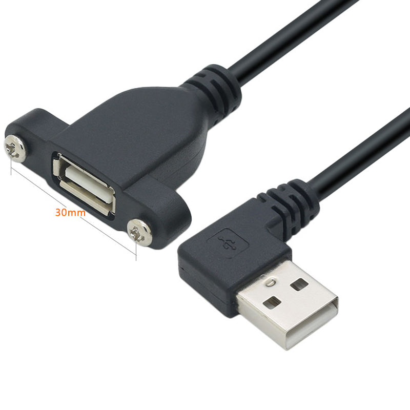 Dirsəkli USB2.0 qulaqlıq qutusu ilə USB kabeli düzəltmək üçün qulaqları və vida delikləri olan kişidən qadına uzatma kabeli