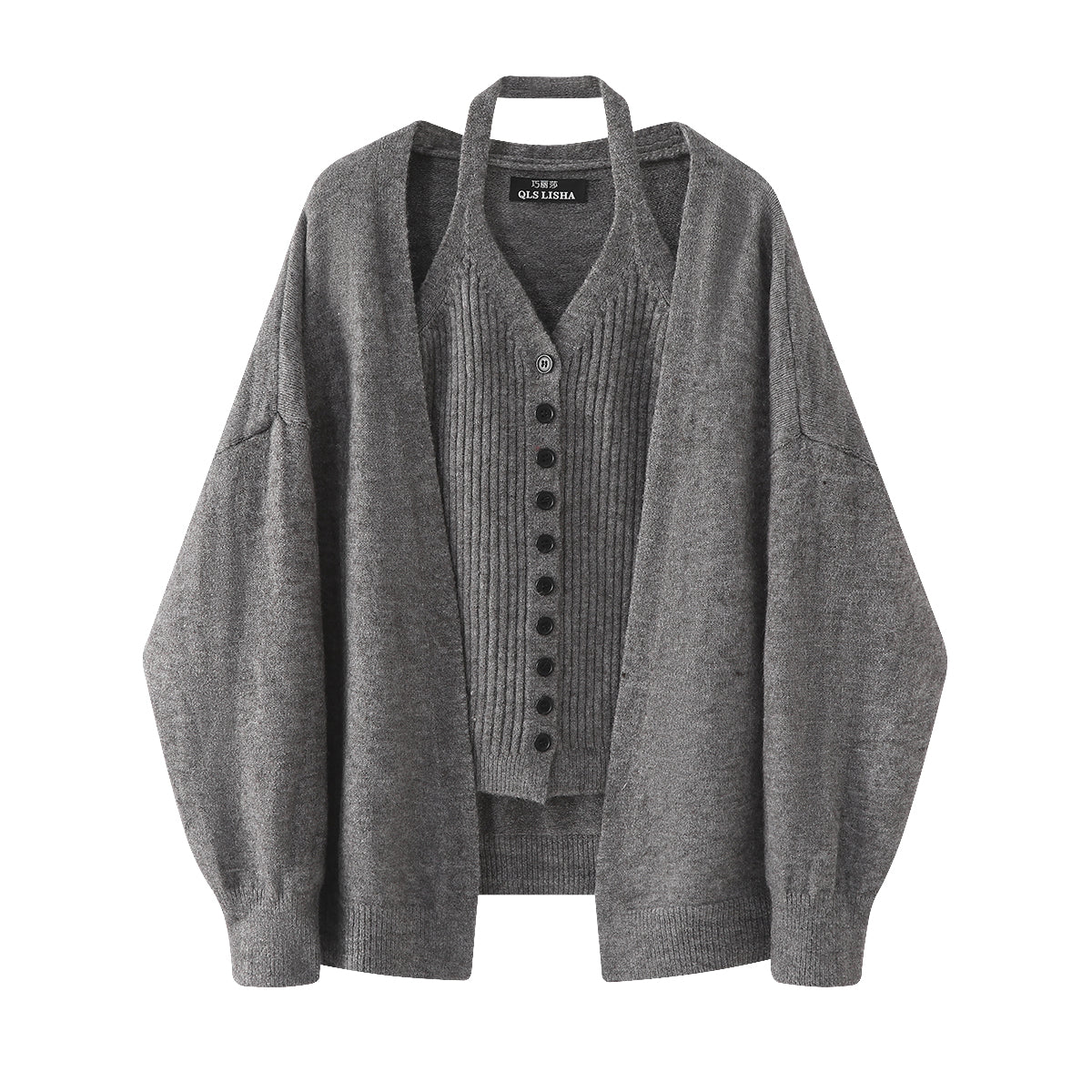 Chola Lisa Boz Kardiqan Sviter Palto Qadın Yaz və Payız Koreya Üslubunda Gündəlik Trikotaj Halter Yaxalıqlı Mayka Top