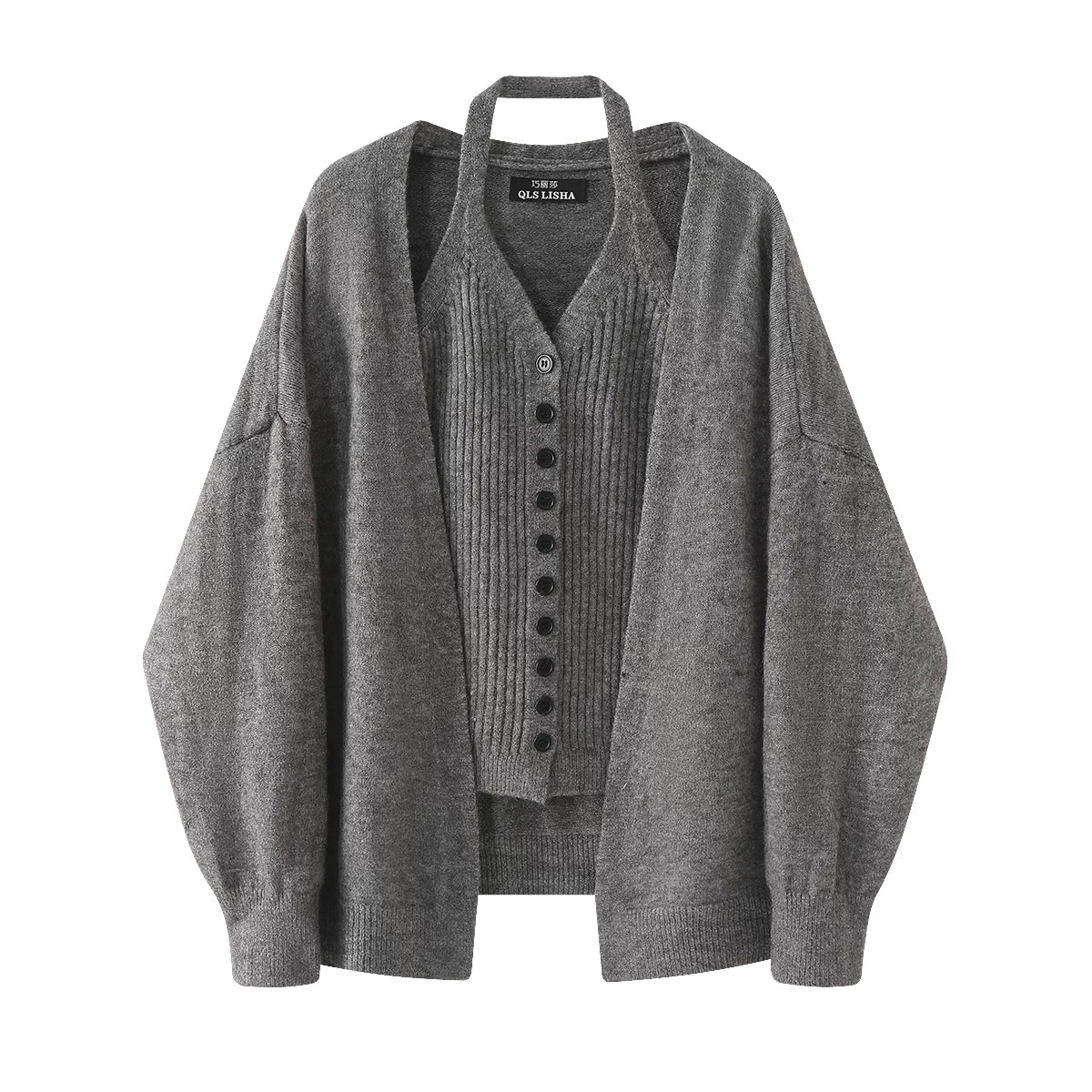 Chola Lisa Boz Kardiqan Sviter Palto Qadın Yaz və Payız Koreya Üslubunda Gündəlik Trikotaj Halter Yaxalıqlı Mayka Top