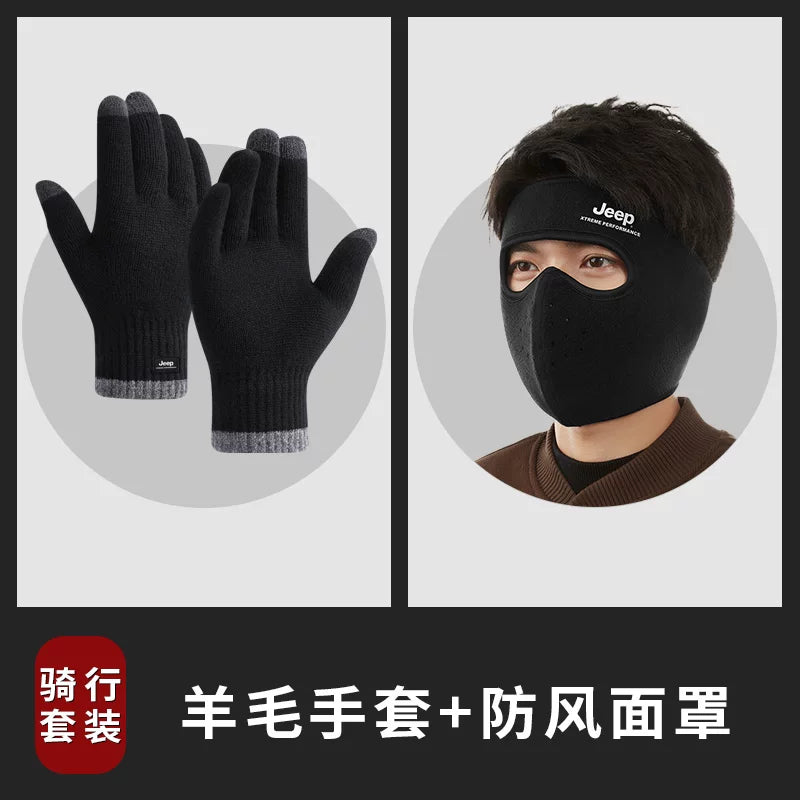 Kişilər üçün Jeep yun qarışığı əlcəkləri, qış üçün daha qalın və isti, toxunma ekranı ilə uyğun, velosiped sürmək üçün küləkdən qoruyur.