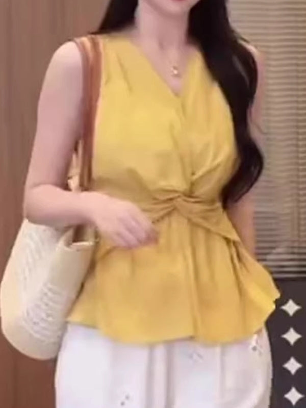 Qadınlar üçün böyük ölçülü fransız üslubunda düyünlü V-yaxalı köynək, yay şık və zərif, nazik oturan qolsuz top.