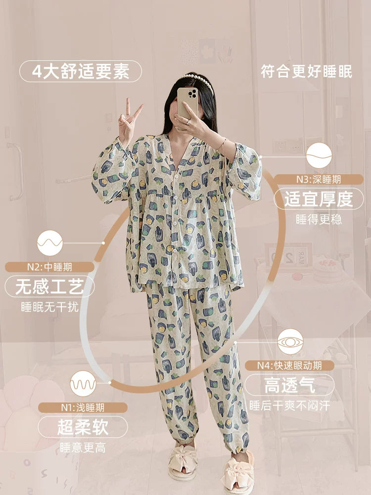 Qadınlar üçün 2026 yeni pambıq ipək pijama, yay süni pambıqlı ev paltarları, yay üç rüb qollu kostyumlar, çöldə geyilə bilər