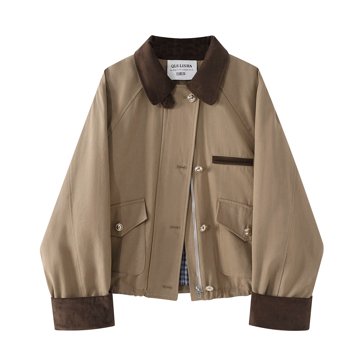 Zhao Lusi və Xu Yanın məşhur üslubunda sırınmış paltosu, xaki rəngli iş geyimi yaxası, Bahn üslubunda.