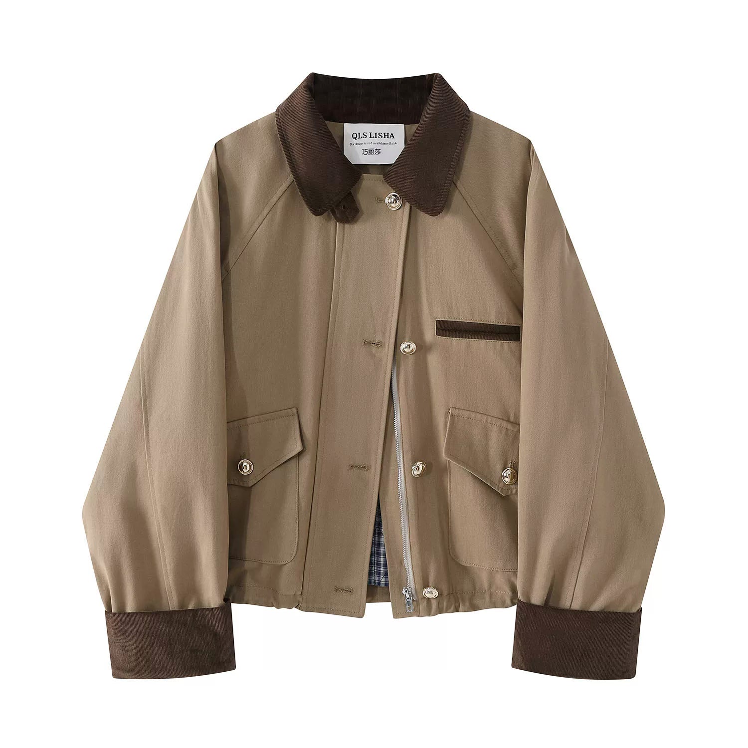 Zhao Lusi və Xu Yanın məşhur üslubunda sırınmış paltosu, xaki rəngli iş geyimi yaxası, Bahn üslubunda.