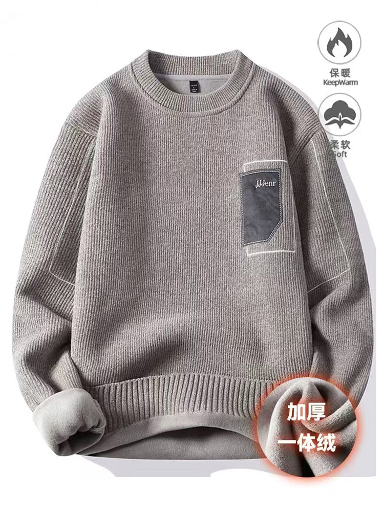 Kişilər üçün bir hissəli yun sviter, yeni payız və qış modası, isti şenil yun astarlı alt paltarı, kişilər üçün dairəvi yaxalı trikotaj geyim.