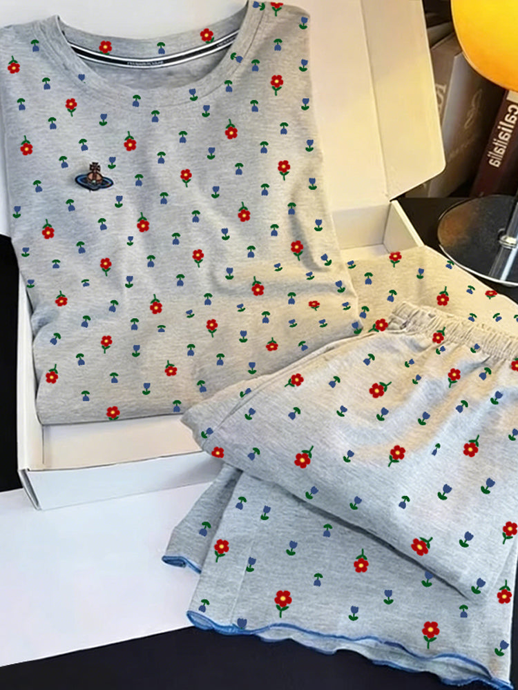Qadınlar üçün retro çiçəkli pijama yay 2026 yeni şirin böyük ölçülü qısaqol şalvar yay təmiz pambıq ev paltarı dəsti