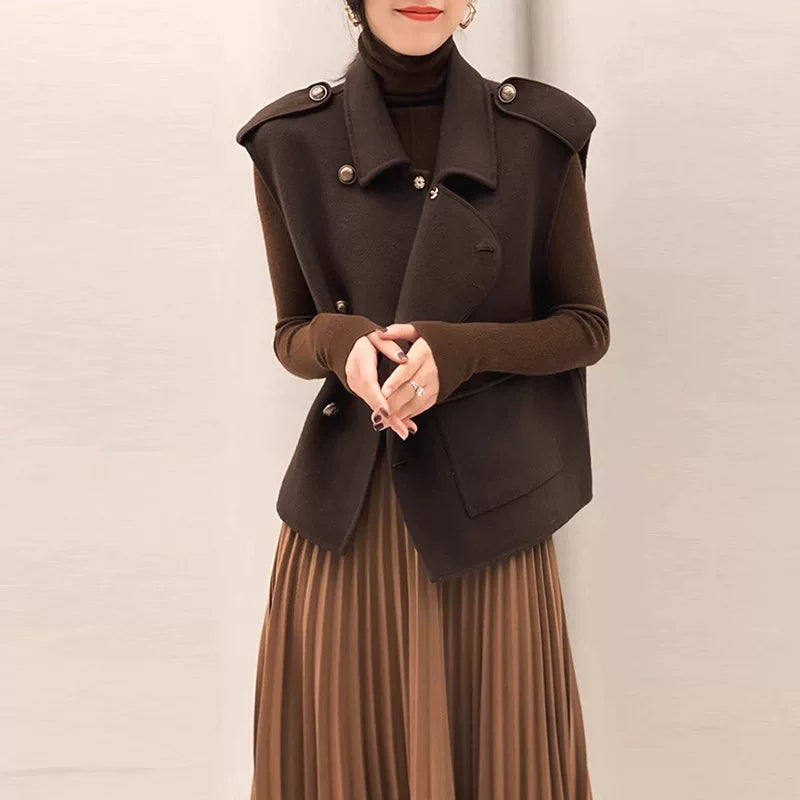 Brend endirimli mağaza endirimləri: İkiüzlü yun kaşmir jilet, qadın qısa, geniş, qolsuz hırka.