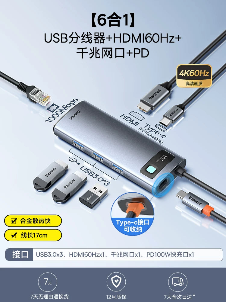 Baseus dok stansiyası Type-C-dən HDMI proyeksiyasına USB splitter adapter mərkəzi Kompüterlər, iPad-lər, noutbuklar, planşetlər və mobil telefonlar üçün Thunderbolt 4 çoxportlu Ethernet çeviricisi