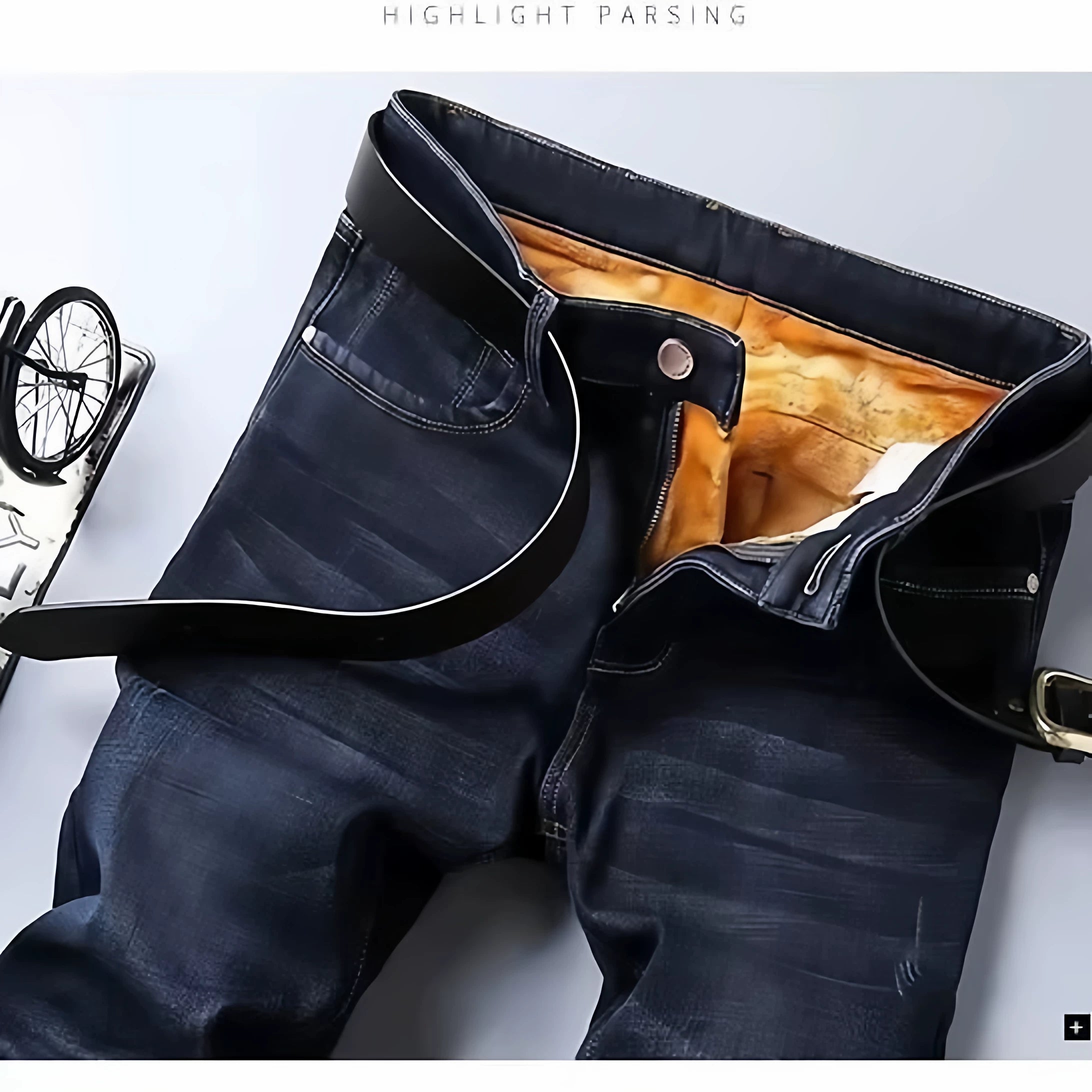 Kişilər üçün Payız/Qış Qalın Dartılan Yun Astarlı Denim Cins Şalvar, Düz Ayaqlı, Boş Formalı, Gündəlik, Böyük Ölçülü, Yüksək Bel, İsti və Quru Şalvar