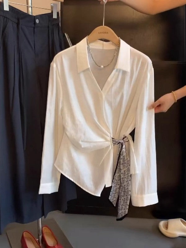 Böyük ölçülü qadınlar üçün fransız üslubunda zərif ipək şarflı, bel hissəsində bağlanan bluza, yaz üçün dəbli və şık uzunqol köynək.