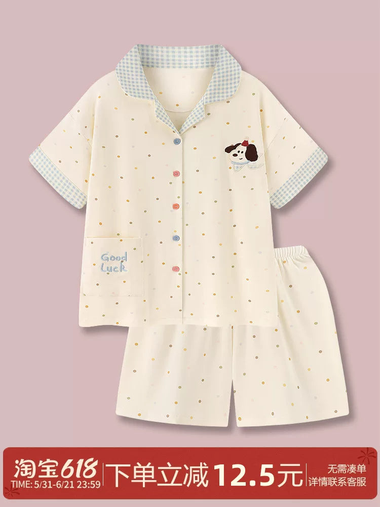 "Polka Dot Puppy" Cizgi filmi Saf Pambıq Pijama Qadın Yayı 2026 Yeni Qısaqol Şort Boş Ev Geyimi Dəsti