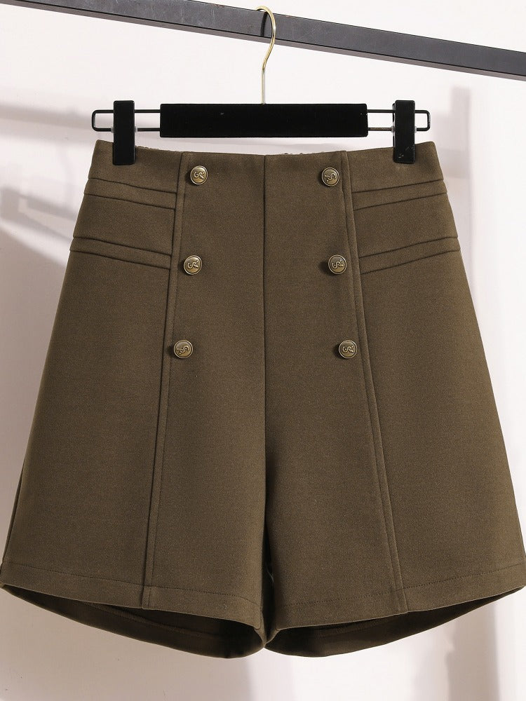 Women's oversized, high-waisted wool shorts, perfect for fall wear, stylish design, slimming, double-breasted, A-line wide-leg bootcut pants.