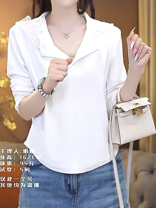 Artıq bədən quruluşuna malik qadınlar üçün şık və şık təmiz pambıq krujeva kapşonlu futbolka, yaz, arıqlama və gənc görünüş üçün mükəmməldir, əsas üst qat.