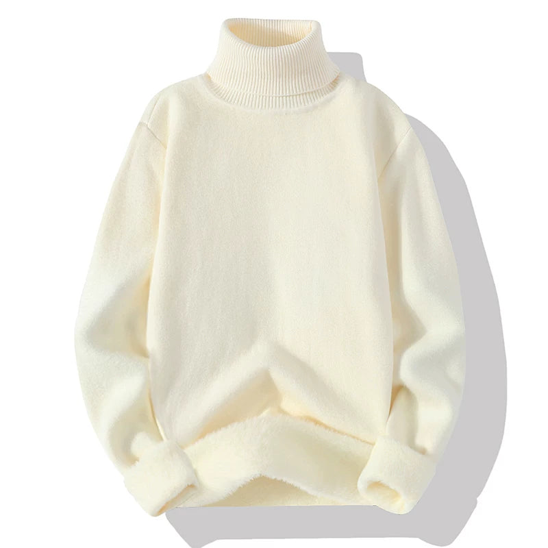 Kişilər üçün balıqçı yaxalı sviter, yun sviter, payız və qış iç qatı, flis astarlı, qalınlaşdırılmış ağ bir hissəli flis trikotaj