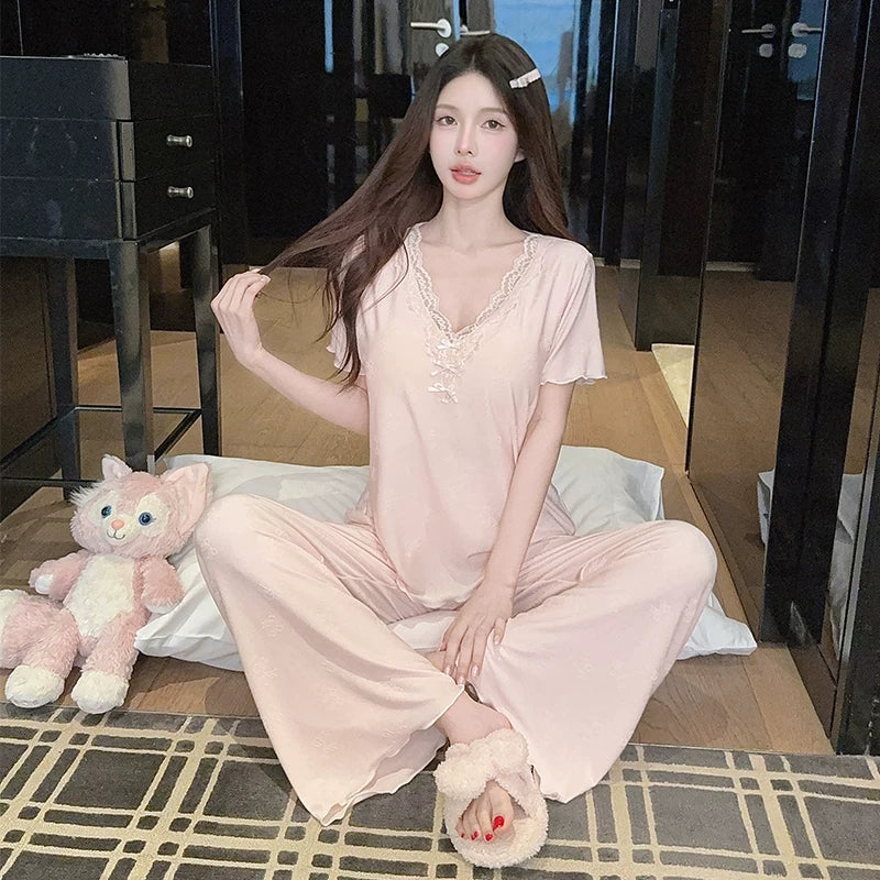 Qadınlar üçün sərin modal pijama yastiqli qısaqol şalvar dəsti ilə seksi krujeva ev geyimi nazik kəsikli