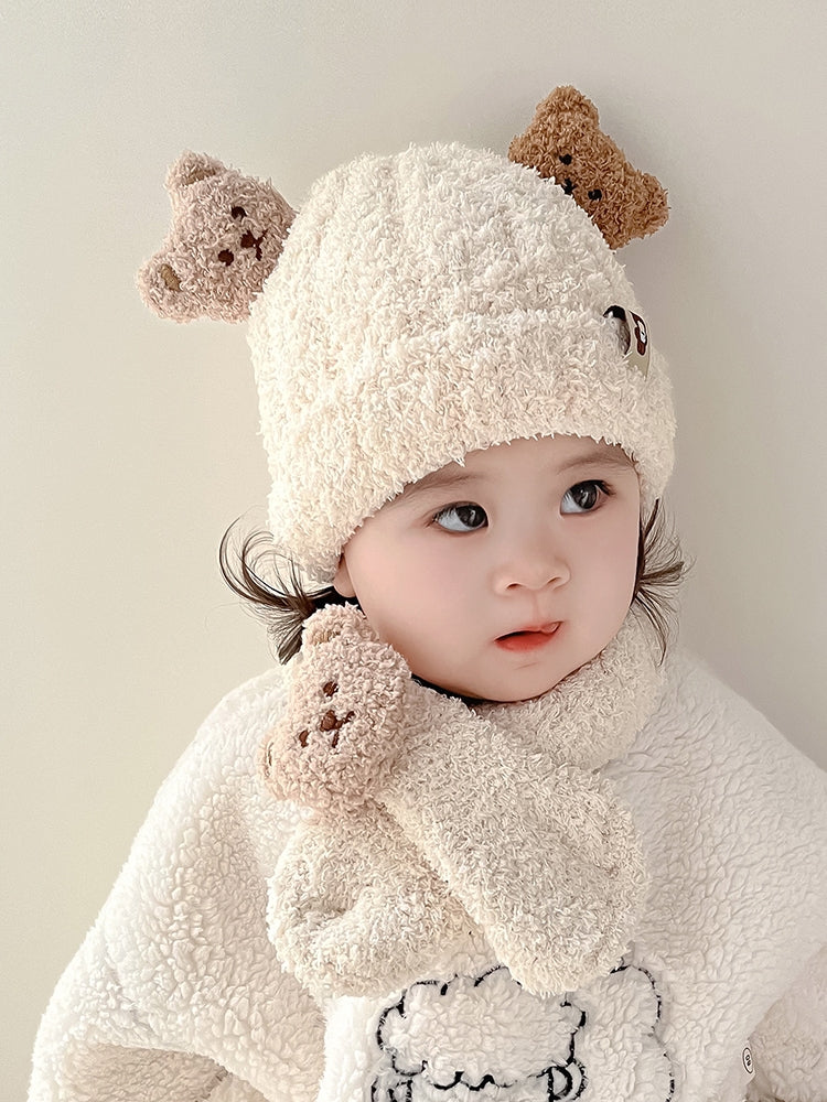 Körpə papağı və şarfı iki hissəli dəst, şirin ayı körpəsi qulaqcıqlı papaq, qalın və isti, oğlan və qızlar üçün, payız və qış üçün idealdır.