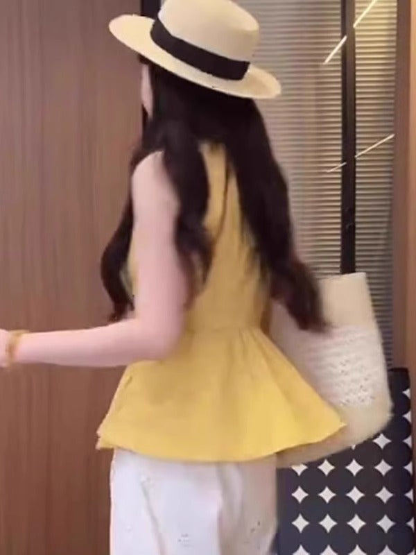 Qadınlar üçün böyük ölçülü fransız üslubunda düyünlü V-yaxalı köynək, yay şık və zərif, nazik oturan qolsuz top.