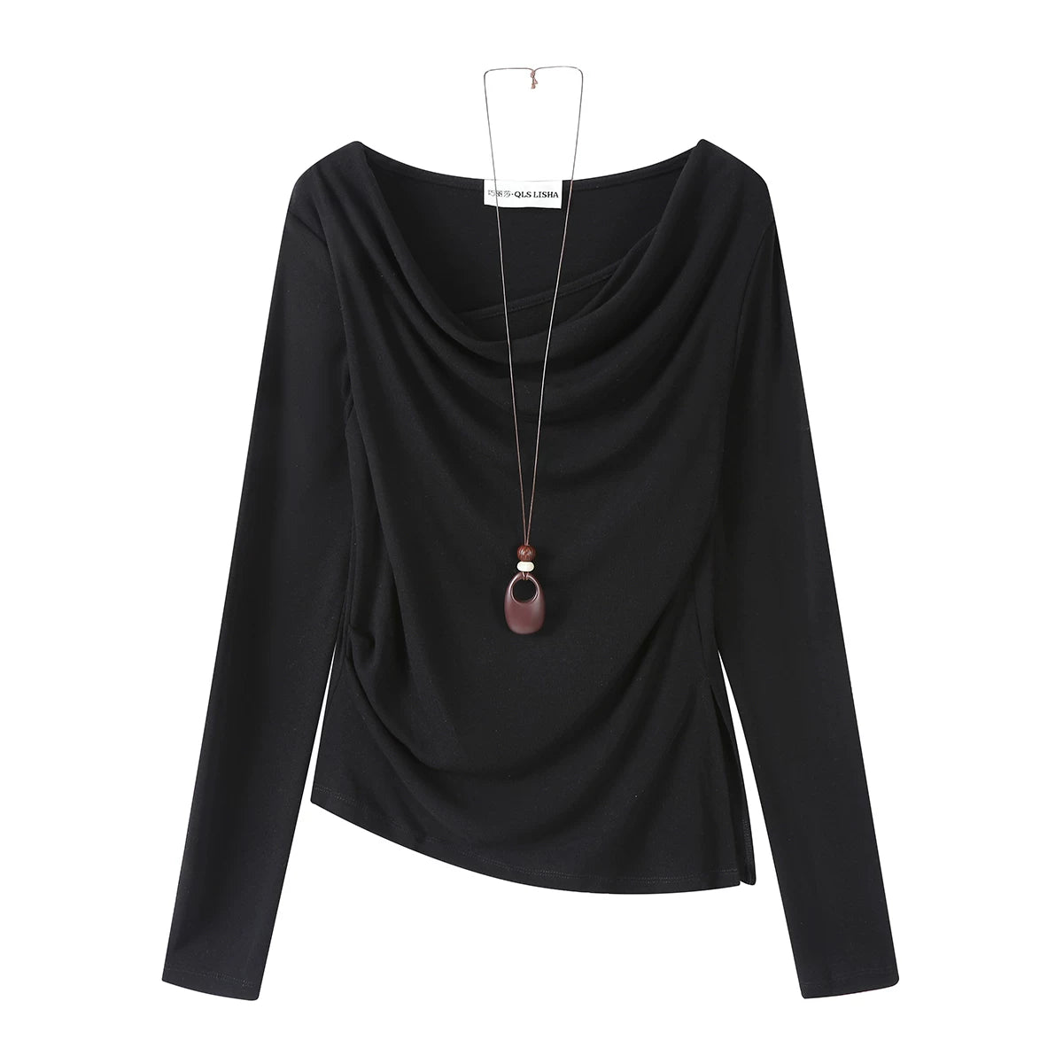 Cholisa Koreya Retro Qəhvəyi Uzunqollu Qadın Üstü, Erkən Yaz və Payız Üçün Düzensiz Kəsikli İncə Fit Futbolka