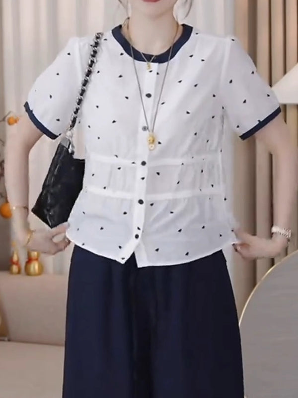 Böyük Ölçülü Qadın Geyimləri, 2026 Yay Yeni Stil, Dəbli, Zərif, Boş Formalı, Arıqladıcı Dəyirmi Yaxalı Qısa Qollu Köynək Topu