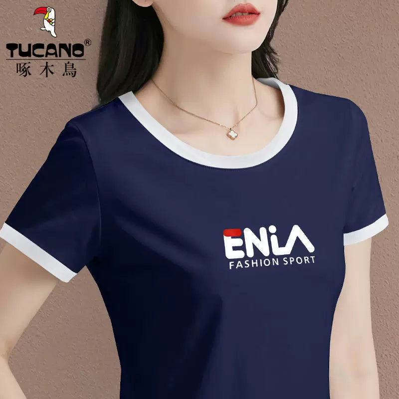 Clearance clearance Woodpecker marka böyük ölçülü təmiz pambıq dəyirmi boyun qısaqol köynək qadın yay yeni nazik ins moda top