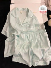 Qadınlar üçün 2026 Yeni Buz İpək Pijama Yay Yeni İnternet Məşhur Qısaqol Döş Yastığı dəsti ilə Şirin Koreya Stil Ev Geyimi