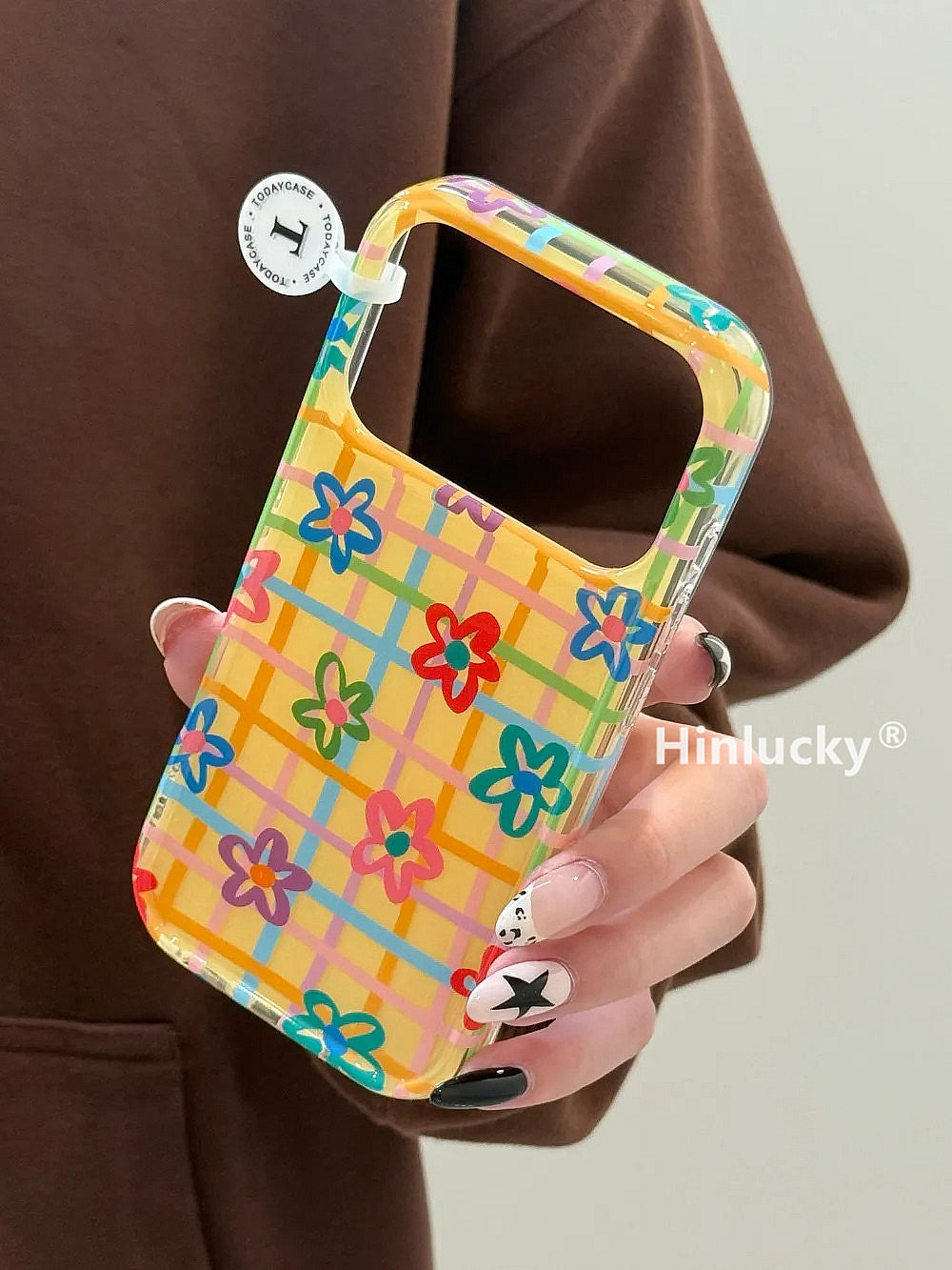 Hinlucky Koreya ins sarı fonda Apple 17 mobil telefon qutusu üçün uyğun rəngli ekose çiçəklər iphone16promax yeni 15 ikiqat qat 14 düşmə əleyhinə qoruyucu örtük 13 super gözəl görünüşlü 17pro niş