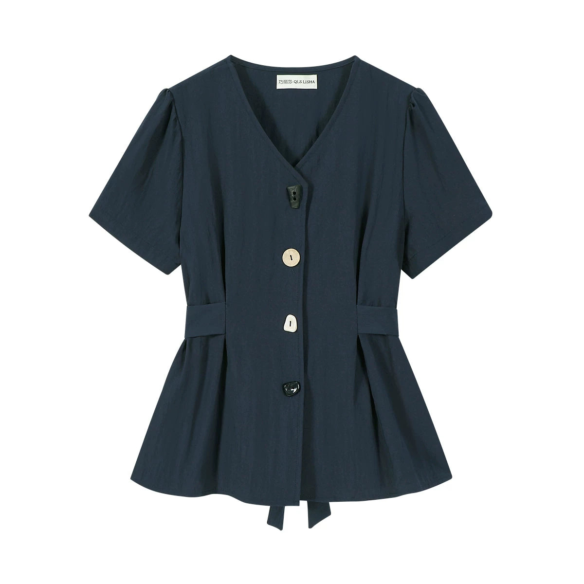 Qiaolisha Koreya üslubunda qısa qollu köynək, qalstuk dizaynı, V-yaxalı, qadınlar üçün top