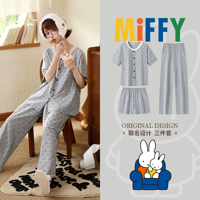 Gongdie [sərin tip] Qadınlar üçün Miffy yay qısaqol pijama təmiz pambıq təsadüfi tam çaplı cizgi filmi ev paltarı çöldə geyilə bilər