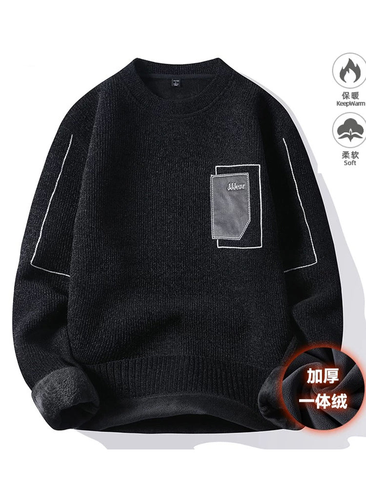 Kişilər üçün bir hissəli yun sviter, yeni payız və qış modası, isti şenil yun astarlı alt paltarı, kişilər üçün dairəvi yaxalı trikotaj geyim.