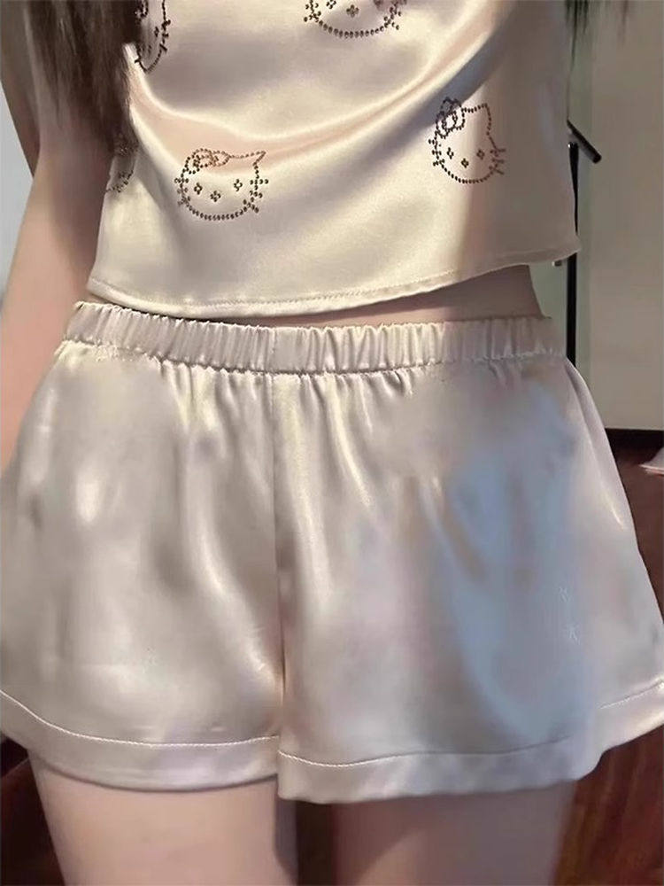 Hello Kitty çaplı ipək pijama, sinə yastıqları və qayışlarla təmiz seksual üslubda qolsuz V-yaxa ev geyimi dəsti
