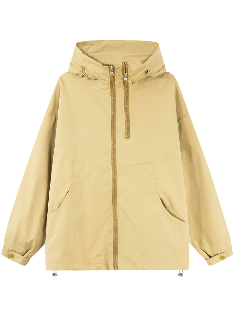 Yüksək keyfiyyətli qadın küləkdən qoruyucu gödəkçə, 2026-cı ilin yaz ayı, böyük ölçüdə, geniş formada, gənc, kapşonlu, şık gödəkçə.