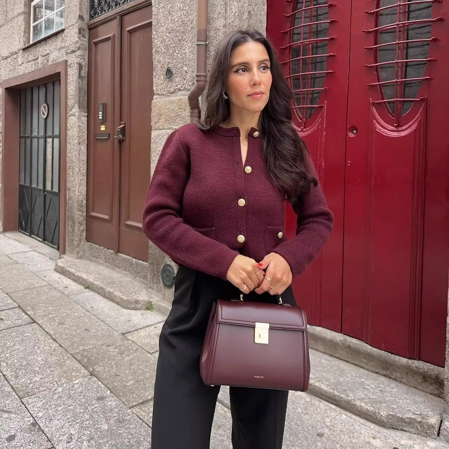 ZA Payız/Qış Yeni Qadın Geyimləri Avropa və Amerika Üslubunda Qızılı Düyməli Uzunqol Dəyirmi Yaxalı Qısa Örgü Kardiqan 6427144