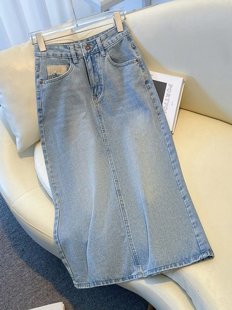 Böyük Ölçülü Açıq Rəngli Denim Midi Ətək Qadınlar üçün 2026-cı il Yayı Yeni Stil Orta Uzunluqlu Yüksək Belli Kəsik A-xəttli Bodycon Ətək