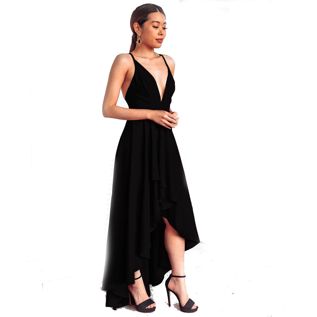 Ziyafət axşam donu, ixrac formalı rəsmi don, V-yaxalı qolsuz rəngli bloklu axşam donu, uzun ətək.