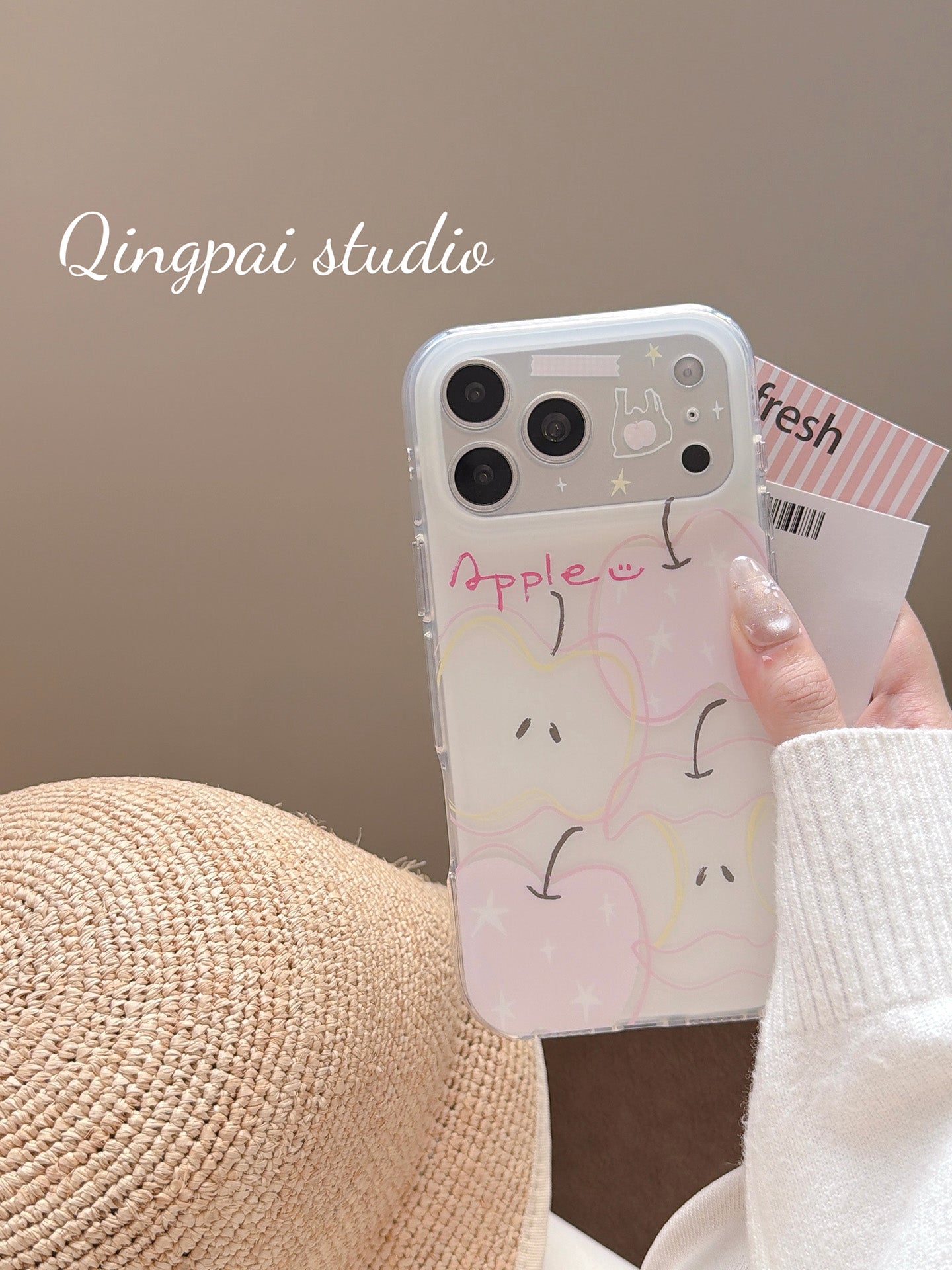 Qingpai ins sadə boyalı çəhrayı və ağ xətlər Apple ulduzu qraffiti Apple 17promax mobil telefon qutusu iphone16pro yeni 15promax qadın modeli 15pro yaradıcı stil hər şey daxil sərt qabıq