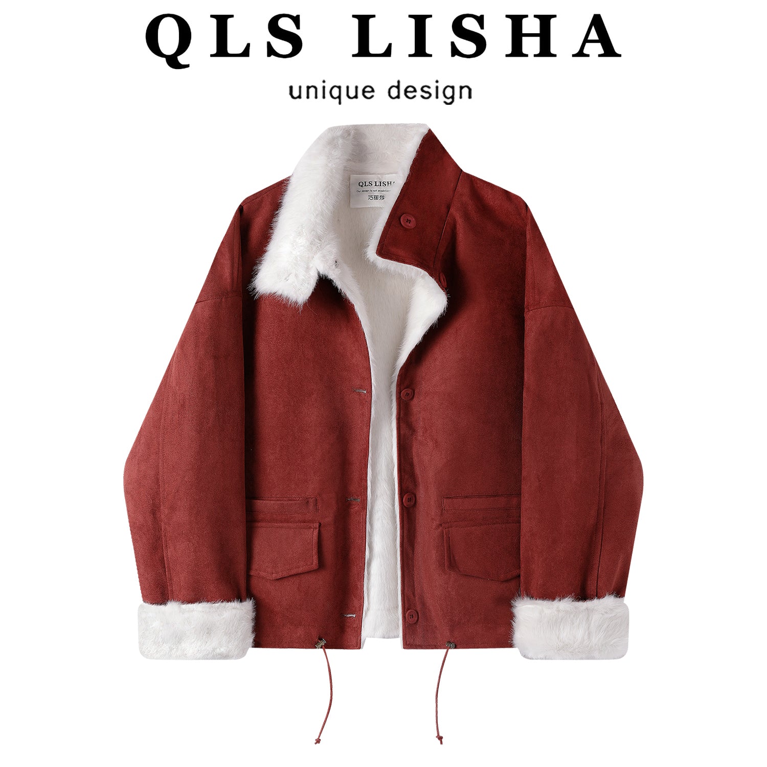 Cholisa-nın Yeni il və Milad mövzulu qırmızı zamşa rəngli qadınlar üçün paltosu çox şirin, geri çevrilə bilən və tək dəri parçasından hazırlanmışdır.