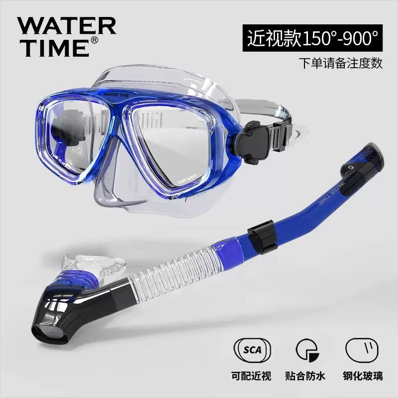 WaterTime snorkeling maskası, miyopi, müxtəlif dərəcəli dalğıc maskaları, snorkeling avadanlığı, üç hissəli dalğıc maskaları dəsti