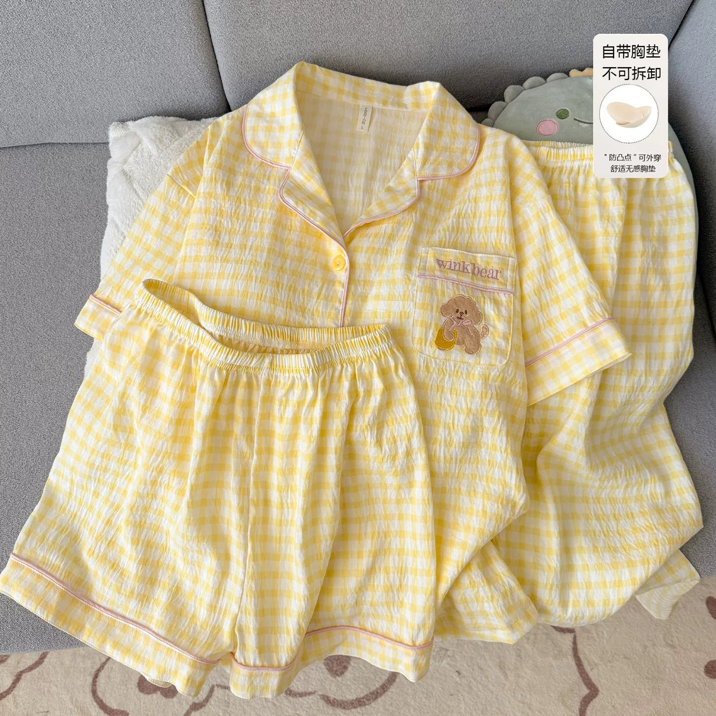 Qadınlar üçün qısaqol pijama 2026 yay 2026 yeni plaid bulud pambıq döş yastığı ilə üç parça kostyum nazik ev paltarı yaz və payız