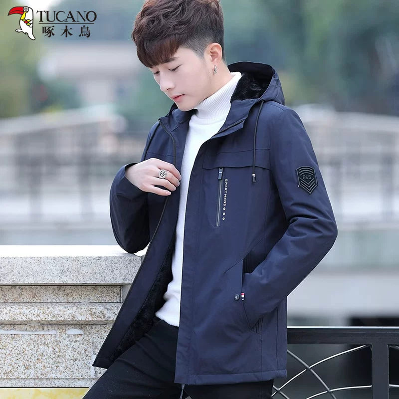 Woodpecker 2025 Payız/Qış Yeni Kişilər üçün Başlıqlı Gündəlik Küləkdən Qoruyucu, Yun astarlı Qalın Üst Geyim