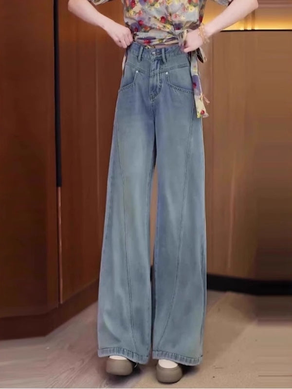 Qadınlar üçün böyük ölçülü enli ayaqlı cins şalvar, yeni 2026-cı ilin yay modası, nazik, yüksək belli, geniş, arıqladıcı, düz ayaqlı şalvar.