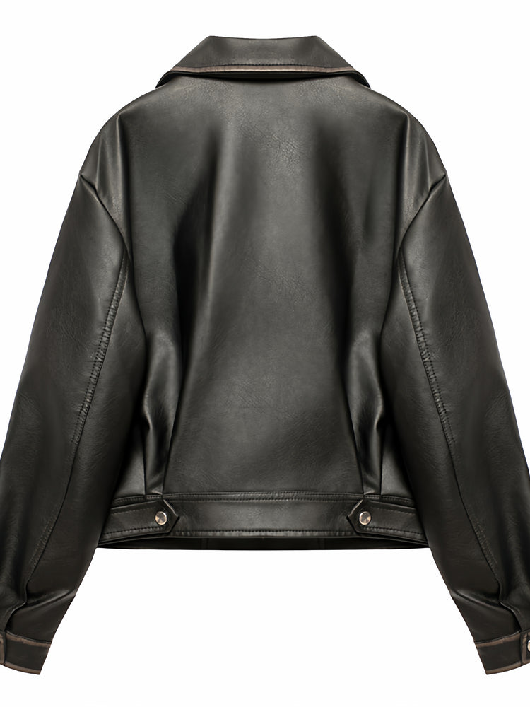 Qadınlar üçün qara yaxalı dəri gödəkçə, 2025 Yeni Amerika Retro Motosiklet Stilində Boş Qısa Gödəkçə Top