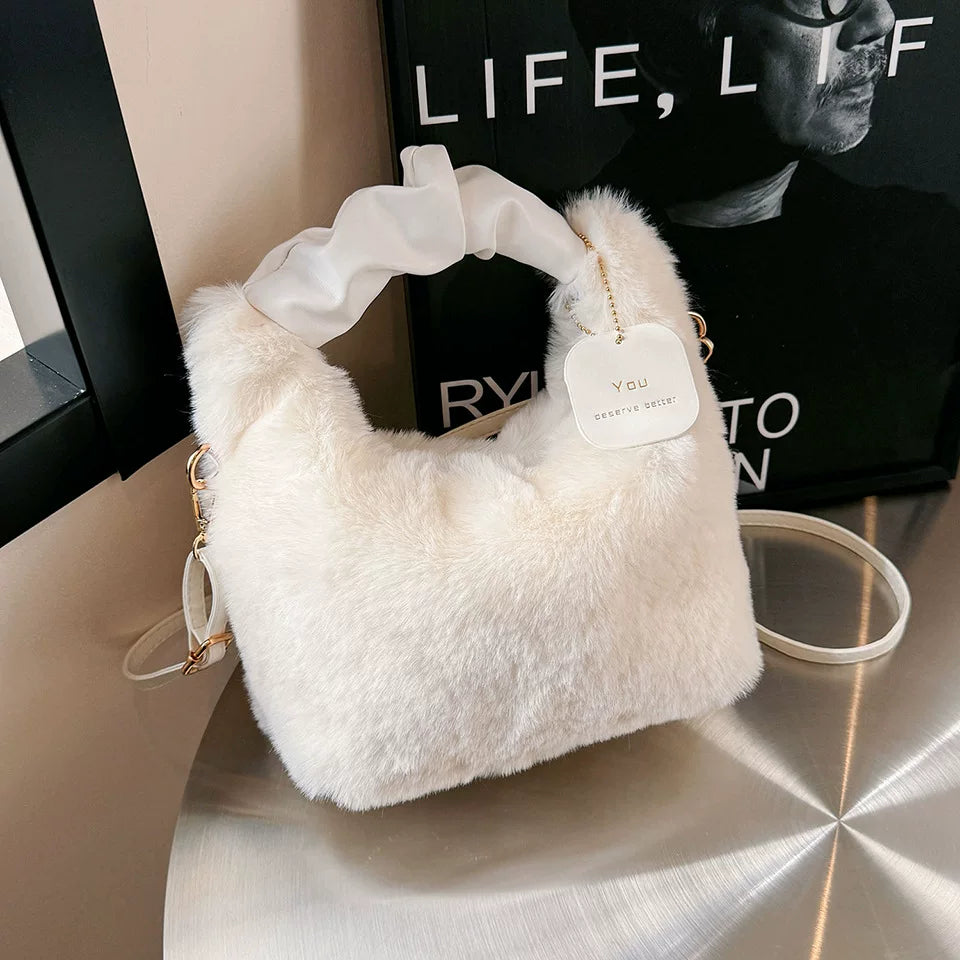 Qadınlar üçün tük tökülməyən yumşaq çanta, yüksək keyfiyyətli süni dovşan xəzindən hazırlanmış çanta, tük tökülməyən tüklü çarpaz bədən çantası.