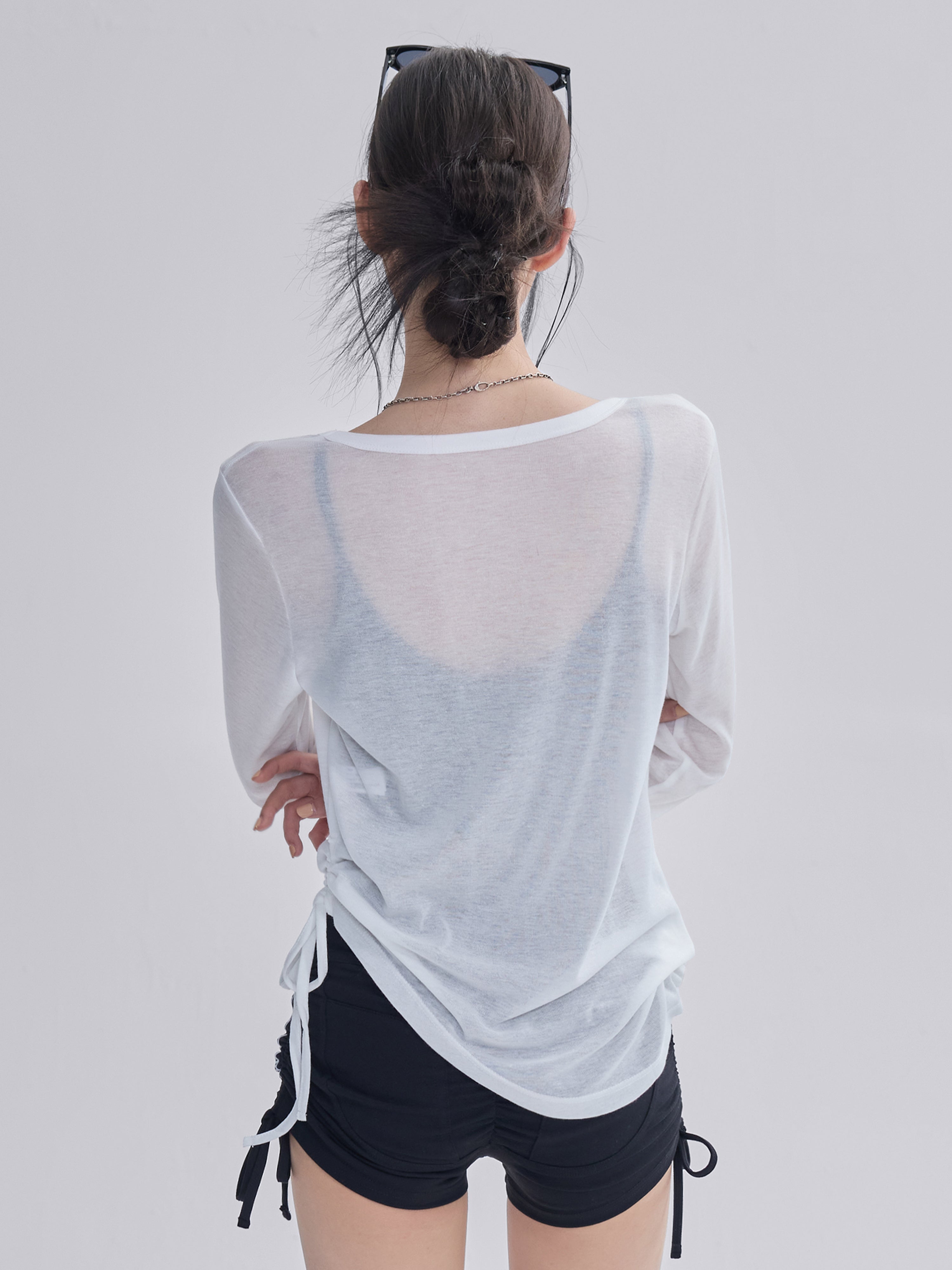 Qadınlar üçün yoqa paltarı bluza, boş arıqlayan uzunqol idman top, yaz və yay fitnes Pilates məşqi ipli nazik köynək