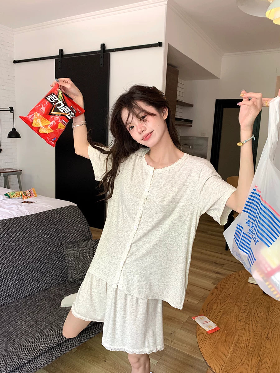 Xinbangbang Homedress şirin krujeva qısaqol pijama qadınlar üçün yay rahat və dəriyə uyğun gündəlik ev geyimi