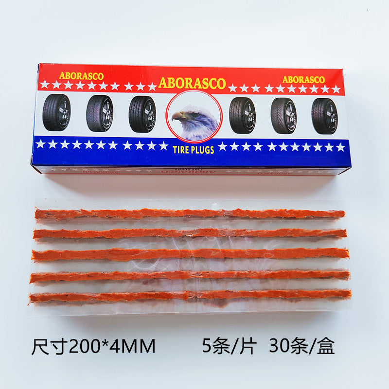 The quick tire repair tool for double-cured tubeless tires uses butyl rubber strips wrapped with polyester thread.