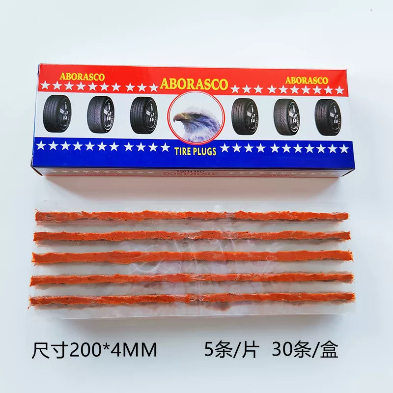 The quick tire repair tool for double-cured tubeless tires uses butyl rubber strips wrapped with polyester thread.